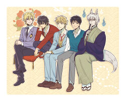 Rule 34 | animal ears, black hair, black pants, blazer, blonde hair, blue fire, blue pants, brown footwear, cardigan, closed mouth, collared shirt, crossed legs, crossover, cushion, fire, floral background, flower, folded fan, folding fan, fox boy, fox ears, fox tail, from side, frown, full body, gatan666, grey hair, grey kimono, grey pants, hand fan, hand on own cheek, hand on own face, hand up, haori, head rest, highres, hitodama, holding, holding fan, invisible chair, jacket, japanese clothes, kamisama hajimemashita, kazehaya shouta, kimi ni todoke, kimono, korean commentary, legs together, loafers, long sleeves, looking at another, looking at viewer, looking down, looking to the side, male focus, multiple crossover, necktie, nervous, ouran high school host club, ouran high school uniform, pants, petals, purple jacket, red flower, red footwear, red jacket, red necktie, sandals, school uniform, shima sousuke, shirt, shoe soles, shoes, short hair, side-by-side, sitting, skip to loafer, smile, socks, squatting, suou tamaki, sweater vest, tabi, tail, tomoe (kamisama hajimemashita), tonari no kaibutsu-kun, trait connection, white fire, white shirt, white socks, yoshida haru, zabuton, zouri