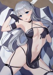 Rule 34 | 1girl, absurdres, aikawa lotus, arm strap, armpits, azur lane, bare hips, bare shoulders, black gloves, blue eyes, blush, breasts, center opening, checkered flag, cleavage, collarbone, criss-cross halter, dress, flag, gloves, halter dress, halterneck, highres, large breasts, long hair, looking at viewer, lying, navel, on back, one side up, open mouth, pelvic curtain, race queen, revealing clothes, shoukaku (azur lane), shoukaku (sororal wings) (azur lane), silver hair, smile, thighhighs, thighs, white thighhighs