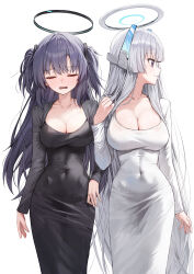 Rule 34 | 2girls, absurdres, alternate costume, black dress, blue archive, blush, breasts, cleavage, closed eyes, covered navel, dongtan dress, dress, gnns, hair ornament, halo, highres, large breasts, long hair, looking to the side, meme attire, multiple girls, noa (blue archive), parted lips, purple hair, sidelocks, simple background, smile, standing, two side up, very long hair, white background, white dress, white hair, yuuka (blue archive)