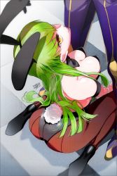Rule 34 | 1boy, 1girl, absurdres, animal ears, black leotard, bow, bowtie, breasts, c.c., checkered floor, code geass, detached collar, fake animal ears, fake tail, fishnet pantyhose, fishnets, green hair, high heels, highres, lelouch vi britannia, leotard, looking up, noppo, pantyhose, playboy bunny, rabbit ears, rabbit tail, seiza, signature, sitting, solo focus, strapless, strapless leotard, tail, yellow eyes, zero (code geass)