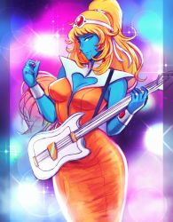 Rule 34 | 1girl, alien, blonde hair, blue eyes, blue skin, bracer, breasts, center opening, circlet, clothing cutout, colored skin, commentary, curvy, daft punk, dress, electric guitar, english commentary, forehead jewel, guitar, heart cutout, high ponytail, iahfy, instrument, interstella 5555, lens flare, lens flare abuse, long dress, long hair, looking at viewer, medium breasts, music, orange dress, playing instrument, solo, stella (interstella 5555)