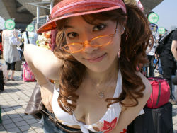 Rule 34 | 1girl, air gear, asian, belt, belt pouch, bent over, bikini, bikini top only, breasts, brown eyes, brown hair, c70, censored, cleavage, comiket, cosplay, cosplay photo, denim, earrings, floral print, front-tie top, glasses, hand on own hip, jeans, jewelry, lipstick, long hair, makeup, medium breasts, mole, necklace, novelty censor, noyamano ringo, noyamano ringo (cosplay), pants, photo (medium), pouch, print bikini, smile, solo, standing, swimsuit, twintails, visor cap