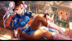Rule 34 | 1girl, arm support, boots, bracelet, breasts, brown eyes, brown hair, brown pantyhose, building, capcom, china dress, chinese clothes, chun-li, closed mouth, commentary, cross-laced footwear, day, double bun, dress, earrings, fingernails, fuzichoco, hair bun, hair ornament, highres, jewelry, knee boots, knee up, lace-up boots, looking at viewer, medium breasts, official art, outdoors, pantyhose, pelvic curtain, puffy short sleeves, puffy sleeves, short sleeves, signature, simple background, sitting, solo, spiked bracelet, spikes, street fighter, street fighter v, white footwear, window
