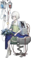 Rule 34 | 1girl, bandaged hand, bandages, bandaid, bandaid on face, blue coat, book, bouquet, cable, closed mouth, coat, coat on shoulders, cristallo, dress, flower, full body, green dress, green eyes, half-closed eyes, highres, holding, holding book, holding bouquet, intravenous drip, monitor, mouse (animal), official art, reverse:1999, short hair, sitting, smile, socks, solo, sparks, syringe, tachi-e, third-party source, transparent background, white hair, white socks