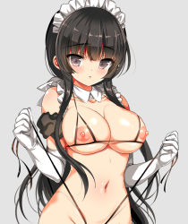 Rule 34 | 1girl, bad id, bad pixiv id, bikini, black eyes, black hair, blunt bangs, blush, breasts, collarbone, commentary request, cowboy shot, cupless bikini, detached collar, elbow gloves, emily (pure dream), gloves, grey background, grey eyes, groin, large breasts, long hair, looking at viewer, maid headdress, navel, nipples, open mouth, original, out-of-frame censoring, simple background, solo, swimsuit, untied bikini, white gloves
