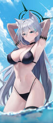 Rule 34 | 1girl, absurdres, ahoge, animal ear fluff, animal ears, armpits, arms behind head, bikini, black bikini, black choker, black halo, blue archive, blue eyes, blue sky, blush, breasts, broken halo, choker, cloud, commentary, cowboy shot, cross, cross hair ornament, day, english commentary, extra ears, grey hair, hair between eyes, hair ornament, halo, halterneck, highleg, highleg bikini, highres, inverted cross, large breasts, long hair, looking at viewer, mismatched pupils, mixed-language commentary, navel, num s1x, outdoors, parted lips, shiroko (blue archive), shiroko terror (blue archive), simple bird, sky, solo, stomach, string bikini, swimsuit, thigh strap, very long hair, wading, water, wolf ears