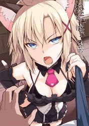 Rule 34 | 1boy, 1girl, animal ears, black bra, black skirt, black thighhighs, blonde hair, blue eyes, blue neckwear, bra, breasts, cat ears, cat tail, cleavage, curtains, detached sleeves, fang, foreshortening, hair between eyes, hand on own hip, hand up, highres, indoors, long hair, long sleeves, looking at viewer, medium breasts, necktie, necktie grab, neckwear grab, ohta yuichi, open mouth, original, pov, pov hands, skirt, slit pupils, solo focus, standing, tail, thighhighs, underbust, underwear