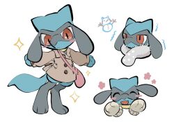 Rule 34 | 1boy, :d, :o, animal ears, bag, blush stickers, closed eyes, creatures (company), fangs, furry, furry male, game freak, gen 4 pokemon, long sleeves, mittens, multiple views, nintendo, open mouth, pokemon, pokemon (creature), red eyes, riolu, scarf, simple background, smile, standing, tail, white background, yumeminoideyu2