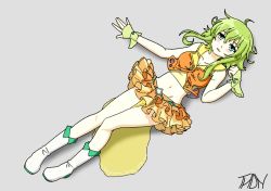 Rule 34 | 1girl, ahoge, aqua eyes, blush, boots, dutch angle, from above, full body, green hair, grey background, gumi, hair between eyes, lying, makishi, midriff, miniskirt, navel, on back, parted lips, pee, peeing, peeing self, puddle, self-upload, simple background, skirt, solo, vocaloid, wrist cuffs