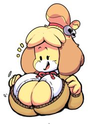 Rule 34 | 1girl, animal crossing, animal ears, bell, black eyes, blonde hair, blush, breasts, bursting breasts, cleavage, dog ears, dog girl, elchilenito, female focus, furry, furry female, hair bell, hair ornament, hair tie, hands up, highres, huge breasts, isabelle (animal crossing), jingle bell, jpeg artifacts, light blush, long sleeves, looking down, neck ribbon, nintendo, no bra, notice lines, open clothes, open mouth, open shirt, popped button, red ribbon, ribbon, shirt, short hair, simple background, solo, sweater, teeth, topknot, upper body, white background, white shirt, yellow sweater