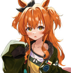Rule 34 | 1girl, blouse, blush, bomber jacket, breasts, collarbone, commentary request, daichi (daichi catcat), dog tags, hair ornament, highres, jacket, mayano top gun (umamusume), open mouth, orange eyes, orange hair, portrait, shirt, simple background, small breasts, solo, umamusume, white background, yellow shirt