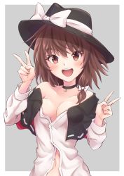 Rule 34 | 1girl, :d, absurdres, bare shoulders, black capelet, black choker, black hat, blush, border, bow, breasts, brown eyes, brown hair, capelet, choker, collarbone, commentary request, double v, eyelashes, grey background, hair between eyes, hair bow, hands up, hat, hat bow, highres, long sleeves, looking at viewer, navel, off shoulder, open mouth, outside border, partially unbuttoned, ramie (ramie541), shirt, short hair, simple background, small breasts, smile, solo, touhou, upper body, usami renko, v, white border, white bow, white shirt