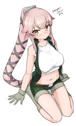Rule 34 | 1girl, absurdres, alternate costume, boots, breasts, brown eyes, full body, gloves, green shorts, green vest, grey footwear, grey gloves, hair flaps, hair ribbon, highres, kantai collection, large breasts, long hair, maru (marg0613), midriff, navel, one-hour drawing challenge, pink hair, ponytail, ribbon, shorts, simple background, sitting, solo, tank top, twitter username, very long hair, vest, wariza, white background, white tank top, yura (kancolle)