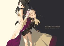 Rule 34 | 2girls, akinashi yuu, back-to-back, bare arms, bare legs, bare shoulders, black background, black dress, black hair, black panties, black ribbon, blonde hair, breasts, cape, character name, collar, copyright name, crown, dress, dual persona, earrings, ereshkigal (fate), fate/grand order, fate (series), female focus, hair ribbon, highres, hoop earrings, ishtar (fate), jewelry, leaning, leaning forward, legs, light and dark, long hair, long sleeves, looking at viewer, looking back, medium breasts, midriff, multiple girls, panties, purple cape, red eyes, red ribbon, revealing clothes, ribbon, siblings, sisters, smile, standing, strapless, tohsaka rin, two-tone background, two side up, type-moon, underwear, white background