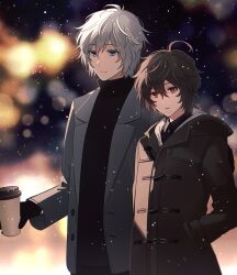 Rule 34 | 2boys, ahoge, alternate costume, backlighting, blue eyes, blurry, bokeh, brown coat, brown hair, coat, coffee, coffee cup, commentary request, cowboy shot, cup, depth of field, disposable cup, expressionless, gloves, granblue fantasy, grey jacket, hands in pockets, highres, implied yaoi, jacket, light particles, lucifer (shingeki no bahamut), male focus, messy hair, multiple boys, open clothes, open coat, red eyes, sandalphon (granblue fantasy), short hair, side-by-side, smile, snowing, sweater, turtleneck, turtleneck sweater, white hair, yori (y rsy)