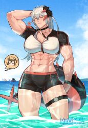 Rule 34 | 1boy, 2girls, ?, abs, absurdres, arknights, beach, blue sky, blush, breasts, choker, cleavage, cloud, demon horns, doctor (arknights), highres, horns, kimmy tsunami, large breasts, long hair, male doctor (arknights), multiple girls, muscular, muscular female, ocean, red eyes, saria (arknights), silence (arknights), sky, tail, thick thighs, thighs, wet, white hair, yuri