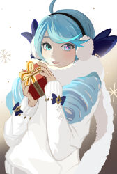 Rule 34 | 1girl, ahoge, blue eyes, blue hair, blue ribbon, blush, christmas, christmas present, drill hair, gift, gwen (league of legends), highres, holding, holding gift, league of legends, long hair, ribbon, scarf, shirt, smile, solo, twin drills, twintails, white scarf, white shirt