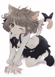 Rule 34 | 1girl, all fours, animal ears, black footwear, black ribbon, black skirt, blush, brown background, brown eyes, brown hair, cat ears, cat girl, cat tail, closed mouth, collared shirt, commentary request, crescent, crescent pin, full body, hatoba tsugu, hatoba tsugu, highres, kemonomimi mode, loafers, long sleeves, looking at viewer, mole, mole under eye, one eye closed, pantyhose, pleated skirt, ribbon, sha2mo, shadow, shirt, shoes, skirt, solo, suspender skirt, suspenders, tail, tail ornament, tail raised, tail ribbon, virtual youtuber, white pantyhose, white shirt