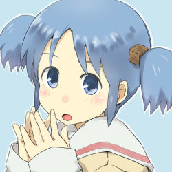 Rule 34 | 1girl, blue background, blue eyes, blue hair, blush, cube hair ornament, gedou (ge ge gedou), hair ornament, long sleeves, looking at viewer, matching hair/eyes, naganohara mio, nichijou, open mouth, own hands together, school uniform, serafuku, short hair, simple background, sleeves past wrists, solo, tokisadame school uniform, twintails