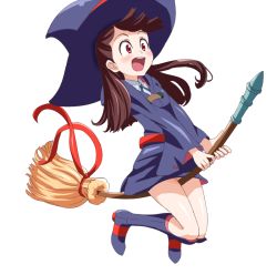 Rule 34 | 10s, 1girl, :d, amida desuyo, belt, blue footwear, blue robe, blue shirt, blue skirt, blush, boots, broom, broom riding, brown hair, collared shirt, commentary request, green ribbon, happy, hat, hat ribbon, kagari atsuko, little witch academia, long hair, long sleeves, neck ribbon, open mouth, red belt, red eyes, red ribbon, ribbon, robe, shirt, simple background, skirt, smile, solo, striped, teeth, white background, wide sleeves, witch hat