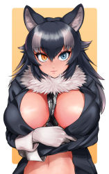 Rule 34 | 1girl, alternate breast size, animal ears, bad id, bad pixiv id, between breasts, black hair, blue eyes, breasts, closed mouth, commentary request, fur trim, gloves, grey wolf (kemono friends), hair between eyes, heterochromia, kemono friends, large breasts, lips, long hair, looking at viewer, multicolored hair, navel, orange eyes, rayraw, solo, two-tone hair, white gloves, white hair