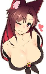 Rule 34 | 1girl, animal ears, bare shoulders, breasts, brooch, brown hair, cleavage, closed mouth, collarbone, heart, highres, imaizumi kagerou, jewelry, large breasts, long hair, looking at viewer, multicolored hair, one eye closed, red eyes, red hair, simple background, smile, solo, taketora suzume, touhou, two-tone hair, upper body, wavy mouth, white background, wolf ears