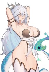 Rule 34 | 1girl, :d, absurdres, armlet, armpits, bracelet, breasts, brown eyes, cleavage, colored inner hair, cowboy shot, distr, dragon horns, dragon tail, fang, flame-tipped tail, from side, grey hair, highres, horns, jewelry, large breasts, leotard, long hair, multicolored hair, multiple horns, open mouth, simple background, skin fang, smile, solo, tail, vei (vtuber), vei (vtuber) (sky empress), very long hair, virtual youtuber, vshojo, white background, white leotard