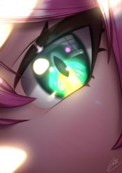 Rule 34 | 1girl, absurdres, close-up, eye focus, green eyes, highres, hololive, mano aloe, pink hair, reflection, signature, solo, sunlight, user gdfe7344, virtual youtuber
