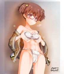 Rule 34 | 1girl, alisa (girls und panzer), blush, breasts, brown eyes, brown hair, cameltoe, cleft of venus, closed mouth, collarbone, freckles, fundoshi, girls und panzer, glasses, groin, hair ornament, highres, japanese clothes, megadeko, navel, pussy juice, sarashi, short hair, short twintails, small breasts, solo, standing, star (symbol), star hair ornament, sweat, twintails