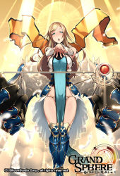 Rule 34 | 1girl, aqua eyes, armor, blonde hair, blue eyes, breasts, company name, copyright name, covered navel, feathers, floating, floating object, gauntlets, grand sphere, greaves, halo, highres, long hair, looking at viewer, official art, open mouth, panties, sabi wasabi, sideboob, solo, staff, underwear, white panties