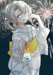 Rule 34 | 1girl, asymmetrical hair, bag, bagged fish, commentary request, cowboy shot, fireworks, fish, flipped hair, fuji (pixiv24804665), goldfish, grey eyes, highres, japanese clothes, kantai collection, kimono, looking at viewer, night, nowaki (kancolle), official alternate costume, open mouth, plastic bag, round teeth, silver hair, solo, swept bangs, teeth, upper teeth only, white kimono, yukata