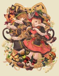 Rule 34 | 1boy, 1girl, animal ears, animal hands, animal hood, bell, blonde hair, brown eyes, brown hair, capelet, cat, cat tail, djeeta (granblue fantasy), dress, fake animal ears, fur trim, gloves, gran (granblue fantasy), granblue fantasy, highres, hood, hood up, one eye closed, open mouth, paw gloves, paw shoes, shoes, socks, striped clothes, striped legwear, striped socks, tail, treasure chest, vyrn (granblue fantasy), welchino