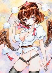 Rule 34 | 1girl, black panties, black thighhighs, breasts, brown hair, cleavage, collared shirt, covered erect nipples, highres, looking at viewer, low wings, medium breasts, navel, painting (medium), panties, pom pom (clothes), red eyes, red ribbon, ribbon, selenium, shameimaru aya, shirt, simple background, skindentation, smile, solo, standing, thighhighs, touhou, traditional media, underwear, watercolor (medium), white shirt, wings