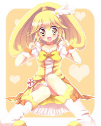 Rule 34 | 10s, 1girl, amamine, bad id, bad pixiv id, blonde hair, blush, bow, cure peace, double v, hair flaps, hair ornament, kise yayoi, magical girl, precure, shorts, shorts under skirt, sitting, skirt, smile precure!, solo, v, wide ponytail, yellow bow, yellow shorts, yellow skirt, yellow theme