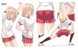 Rule 34 | 1girl, arms up, ass, black socks, blonde hair, blush, breasts, closed eyes, clothes lift, exercising, gym shirt, gym shorts, gym uniform, hair ornament, highres, hololive, hololive english, kneehighs, medium breasts, midriff, multiple views, navel, open mouth, pantylines, shirt, shirt lift, shoes, short hair, shorts, simple background, socks, stretching, tfqr, virtual youtuber, watson amelia, white background