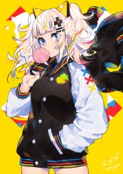 Rule 34 | 1girl, black jacket, blue eyes, breasts, blowing bubbles, chewing gum, commentary request, cowboy shot, eyes visible through hair, hair ornament, hairclip, hand in pocket, highres, holding, holding clothes, holding jacket, jacket, jacket over shoulder, unworn jacket, kaguya luna, letterman jacket, medium breasts, mika pikazo, sidelocks, signature, simple background, solo, the moon studio, twintails, virtual youtuber, white hair, yellow background