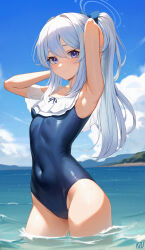 Rule 34 | 1girl, absurdres, armpits, arms behind back, blue archive, blue eyes, blue halo, blue one-piece swimsuit, blush, breasts, casual one-piece swimsuit, covered navel, frilled one-piece swimsuit, frills, halo, highres, kiu6, long hair, looking at viewer, miyako (blue archive), miyako (swimsuit) (blue archive), ocean, off-shoulder one-piece swimsuit, off shoulder, official alternate costume, one-piece swimsuit, outdoors, partially submerged, ponytail, small breasts, smile, solo, swimsuit
