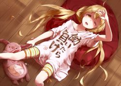 Rule 34 | 10s, 1girl, aiya, blonde hair, clothes writing, futaba anzu, idolmaster, idolmaster cinderella girls, long hair, lying, on back, one eye closed, open mouth, oversized clothes, shirt, solo, striped, stuffed animal, stuffed toy, t-shirt, twintails, wink