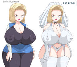 Rule 34 | 1girl, absurdres, alternate breast size, android 18, blonde hair, blue eyes, breasts, bride, contrapposto, dragon ball, dragon ball super, dragonball z, gigantic breasts, highres, impossible clothes, nipples, toshiso (artist)