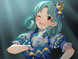Rule 34 | 1girl, ;d, blue bow, blue dress, blush, bow, breasts, brown eyes, crown, dress, gloves, green hair, idolmaster, idolmaster million live!, looking at viewer, medium breasts, mini crown, one eye closed, open mouth, parted bangs, puffy short sleeves, puffy sleeves, short sleeves, smile, solo, star (symbol), striped, striped bow, tilted headwear, tokugawa matsuri, uccow, upper body, white gloves