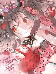 Rule 34 | 1girl, artist name, artist request, bare shoulders, black choker, black hair, blush, bow, breasts, choker, collarbone, curled horns, curly hair, demon girl, demon horns, demon tail, demon wings, elbow gloves, female focus, floral print, flower, gloves, grey wings, hair between eyes, hair bow, hair flower, hair ornament, horns, looking at viewer, love live!, love live! school idol festival, love live! school idol project, midriff, navel, parted lips, pink flower, pink gloves, pink rose, polearm, polka dot, polka dot bow, purple flower, purple rose, red bow, red eyes, red flower, red rose, ritsuuu18, rose, rose print, short hair, sidelocks, small breasts, smile, solo, striped clothes, striped gloves, tail, tiara, trident, twintails, vertical-striped clothes, vertical-striped gloves, weapon, wings, yazawa nico