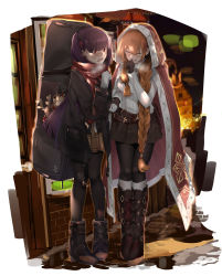 Rule 34 | 2girls, absurdres, belt, black footwear, black legwear, blazer, blush, braid, breasts, brown hair, closed eyes, collared shirt, full body, girls&#039; frontline, gloves, hair between eyes, hair rings, half updo, hand up, highres, holding, holding hands, jacket, long hair, looking at another, medium breasts, multiple girls, official alternate costume, one side up, open mouth, pantyhose, pirapirapirapira, purple hair, red eyes, red neckwear, scarf, shirt, shoes, sidelocks, springfield (girls&#039; frontline), springfield (o holy night) (girls&#039; frontline), standing, thighband pantyhose, very long hair, wa2000 (date in the snow) (girls&#039; frontline), wa2000 (girls&#039; frontline)