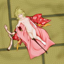 Rule 34 | 1boy, amputee, artificial limb, blonde hair, collarbone, eyelashes, flaccid, green eyes, guro, highres, indoors, kagamine len, long hair, looking at viewer, lying, male focus, navel, nipples, nude, on back, penis, ribs, socks, solo, tatami, trap, vocaloid, white socks