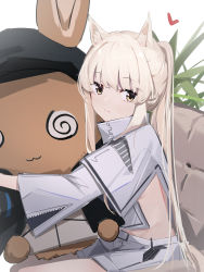 Rule 34 | 1girl, absurdres, animal ears, arknights, brown eyes, character doll, chichi guai, commentary request, cowboy shot, crop top, doctor (arknights), hugging doll, gloves, groin, heart, highres, horse ears, jacket, long hair, hugging object, platinum (arknights), short shorts, shorts, silver hair, sitting, solo, stomach, thighhighs, white jacket, white shorts
