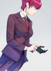 Rule 34 | 1girl, bazett fraga mcremitz, black gloves, breasts, collared shirt, doushimasho, dress shirt, earrings, fate/grand order, fate/hollow ataraxia, fate (series), formal, gloves, grey pants, grey suit, highres, jewelry, large breasts, long sleeves, necktie, official art, pants, parted bangs, purple hair, red eyes, red necktie, shirt, short hair, single glove, solo, suit, white shirt
