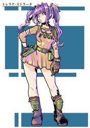 Rule 34 | 1girl, absurdres, belt, black footwear, black gloves, boots, breasts, brown dress, commission, dress, gloves, goggles, goggles around neck, green belt, hair behind ear, highres, looking at viewer, medium breasts, original, pouch, profanity, puckered lips, purple hair, rolan-ce, second-party source, skeb commission, solo, thick lips, twintails
