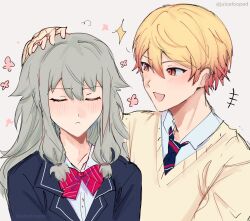 Rule 34 | +++, 1boy, 1girl, adair (juicelooped), blazer, blonde hair, blush, bow, bowtie, closed eyes, closed mouth, collared shirt, commentary, diagonal-striped clothes, diagonal-striped necktie, english commentary, facing viewer, green hair, grey background, hair between eyes, hand on another&#039;s head, headpat, highres, jacket, kamiyama high school uniform (project sekai), kusanagi nene, lapels, long hair, looking at another, low-tied sidelocks, necktie, notched lapels, open mouth, orange eyes, orange hair, project sekai, school uniform, shirt, short hair, simple background, star (symbol), striped bow, striped bowtie, striped clothes, striped necktie, sweater, tenma tsukasa, twitter username, upper body, white shirt, yellow sweater