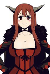 Rule 34 | 10s, 1girl, blush, breasts, choker, cleavage, coat, collarbone, hands on own hips, horns, large breasts, long hair, looking at viewer, maou (maoyuu), maoyuu maou yuusha, miyashiro sousuke, red eyes, red hair, simple background, smile, solo, white background