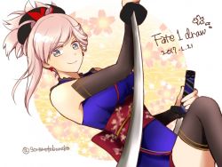 Rule 34 | 1girl, armpits, asymmetrical hair, bare shoulders, black thighhighs, blue eyes, dual wielding, earrings, fate/grand order, fate (series), floral background, floral print, hair ornament, holding, japanese clothes, jewelry, katana, kimono, long hair, miyamoto musashi (fate), miyamoto musashi (first ascension) (fate), pink hair, sash, smile, solo, srnk, sword, thighhighs, thighs, twitter username, weapon