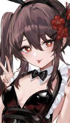 Rule 34 | 1girl, alternate costume, animal ears, black bow, black bowtie, bow, bowtie, brown hair, flower, flower-shaped pupils, genshin impact, hair ornament, hairpin, hu tao (genshin impact), rabbit ears, raiya atelier, red eyes, smile, solo, symbol-shaped pupils, tongue, tongue out, v